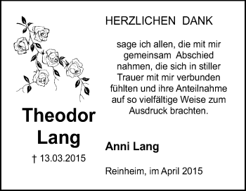 Traueranzeige von Theodor Lang von Darmstädter Echo, Odenwälder Echo, Rüsselsheimer Echo, Groß-Gerauer-Echo, Ried Echo