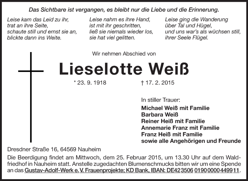  Traueranzeige für Lieselotte Weiß vom 21.02.2015 aus Echo-Zeitungen (Gesamtausgabe)