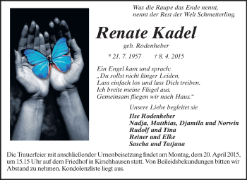 Traueranzeige von Renate Kadel von Starkenburger Echo