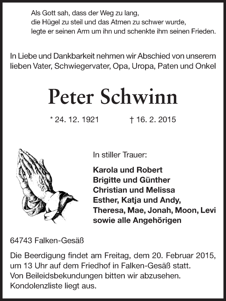  Traueranzeige für Peter Schwinn vom 19.02.2015 aus Odenwälder Echo