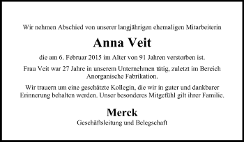 Traueranzeige von Anna Veit von Echo-Zeitungen (Gesamtausgabe)