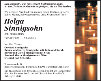 Traueranzeige von Helga Sinnigsohn von Echo-Zeitungen (Gesamtausgabe)