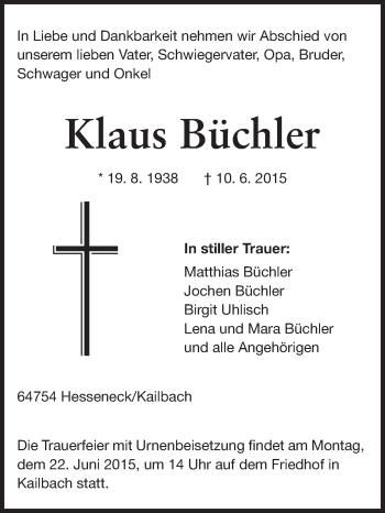 Traueranzeige von Klaus Büchler von Odenwälder Echo