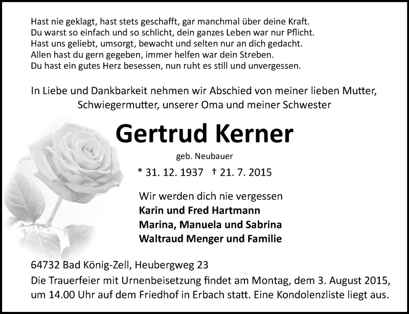  Traueranzeige für Gertrud Kerner vom 25.07.2015 aus Odenwälder Echo
