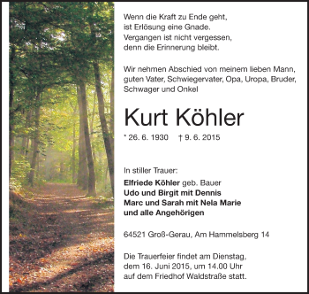 Traueranzeige von Kurt Köhler von Rüsselsheimer Echo, Groß-Gerauer-Echo, Ried Echo