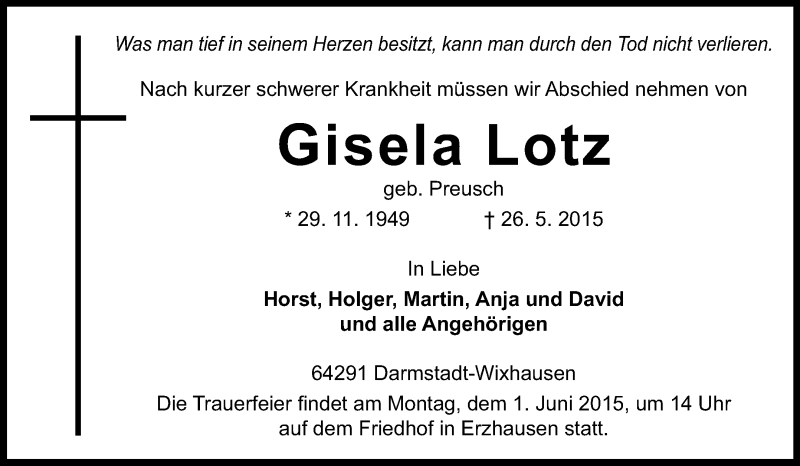  Traueranzeige für Gisela Lotz vom 30.05.2015 aus Echo-Zeitungen (Gesamtausgabe)