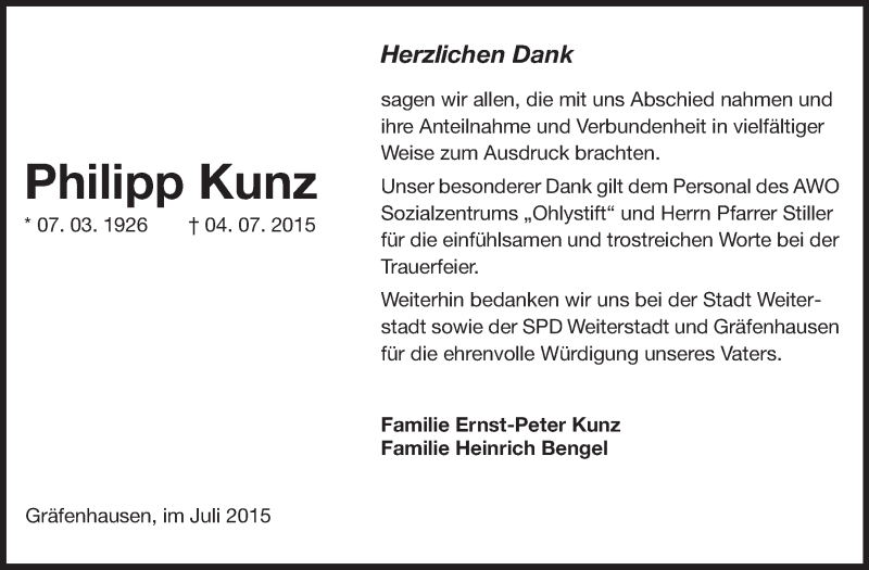  Traueranzeige für Philipp Kunz vom 25.07.2015 aus Echo-Zeitungen (Gesamtausgabe)