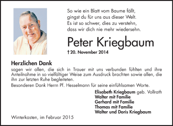 Traueranzeige von Peter Kriegbaum von Odenwälder Echo