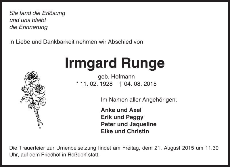  Traueranzeige für Irmgard Runge vom 15.08.2015 aus trauer.echo-online.de