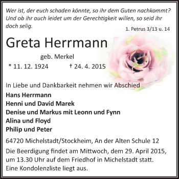 Traueranzeige von Greta Herrmann von Odenwälder Echo