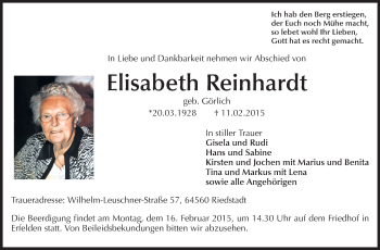 Traueranzeige von Elisabeth Reinhardt von Echo-Zeitungen (Gesamtausgabe)