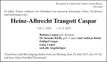 Traueranzeige von Heinz-Albrecht Caspar von Echo-Zeitungen (Gesamtausgabe)