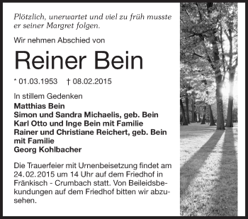 Traueranzeige von Reiner Bein von Echo-Zeitungen (Gesamtausgabe)