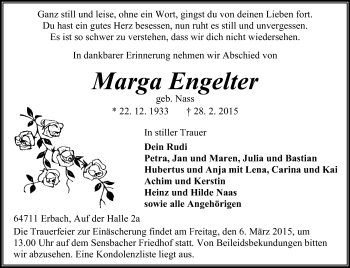 Traueranzeige von Marga Engelter von Odenwälder Echo