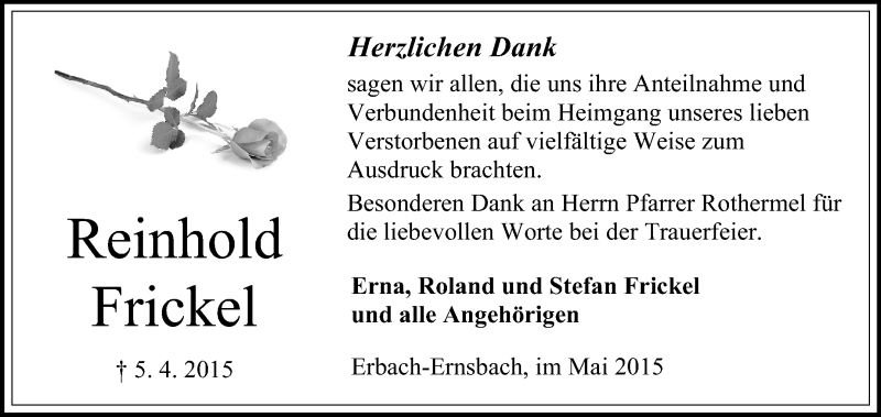 Traueranzeige für Reinhold Frickel vom 02.05.2015 aus Odenwälder Echo