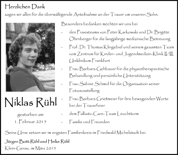 Traueranzeige von Niklas Rühl von Echo-Zeitungen (Gesamtausgabe)