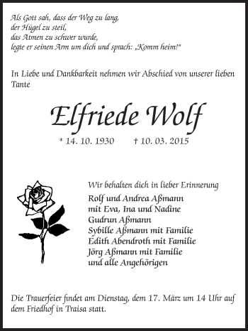 Traueranzeige von Elfriede Wolf von Echo-Zeitungen (Gesamtausgabe)