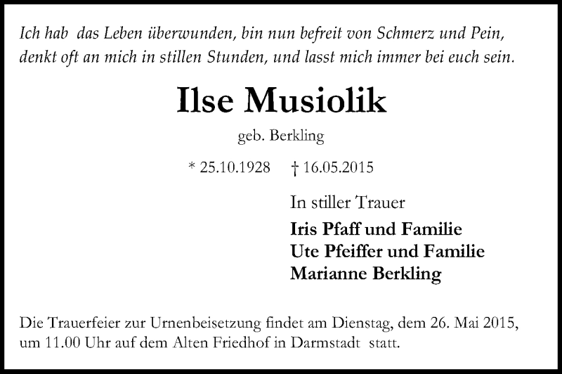  Traueranzeige für Ilse Musiolik vom 21.05.2015 aus Echo-Zeitungen (Gesamtausgabe)