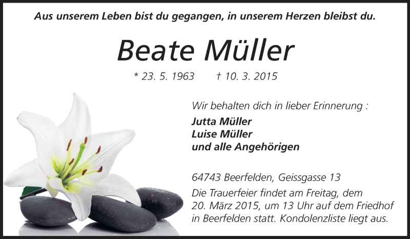  Traueranzeige für Beate Müller vom 17.03.2015 aus Odenwälder Echo