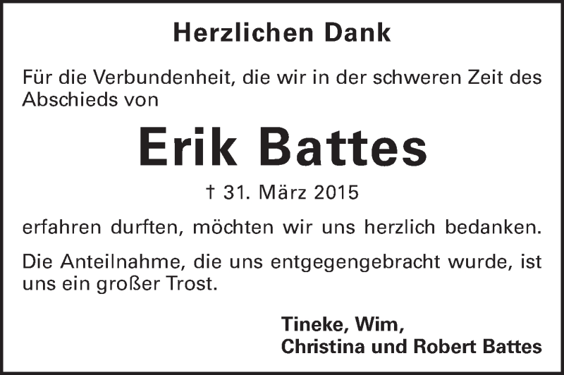  Traueranzeige für Erik Battes vom 25.04.2015 aus Echo-Zeitungen (Gesamtausgabe)