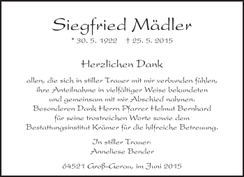 Traueranzeige von Siegfried Mädler von Rüsselsheimer Echo, Groß-Gerauer-Echo, Ried Echo