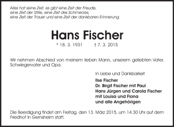 Traueranzeige von Hans Fischer von Rüsselsheimer Echo, Groß-Gerauer-Echo, Ried Echo