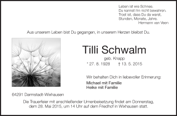 Traueranzeige von Tilli Schwalm von Echo-Zeitungen (Gesamtausgabe)