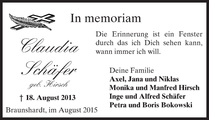  Traueranzeige für Claudia Schäfer vom 18.08.2015 aus trauer.echo-online.de