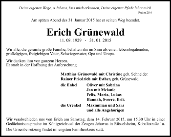 Traueranzeige von Erich Grünewald von Rüsselsheimer Echo, Groß-Gerauer-Echo, Ried Echo
