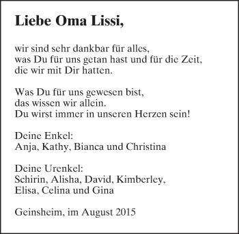 Traueranzeige von Lissi  von trauer.echo-online.de