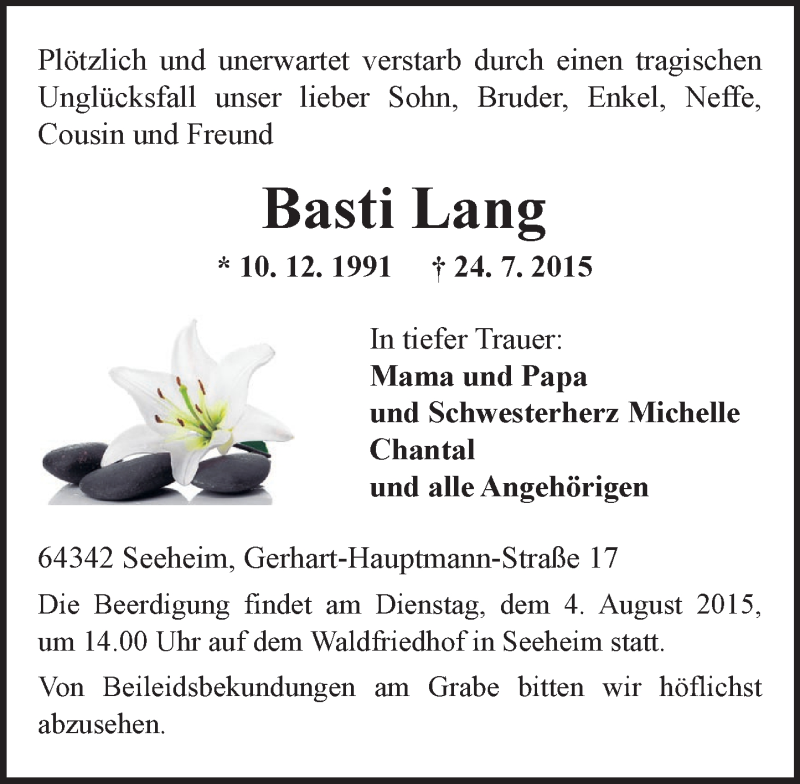  Traueranzeige für Basti Lang vom 01.08.2015 aus trauer.echo-online.de