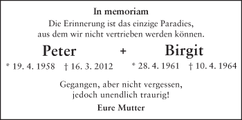 Traueranzeige von Peter und Birgit  von Echo-Zeitungen (Gesamtausgabe)