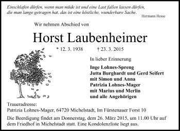 Traueranzeige von Horst Laubenheimer von Odenwälder Echo