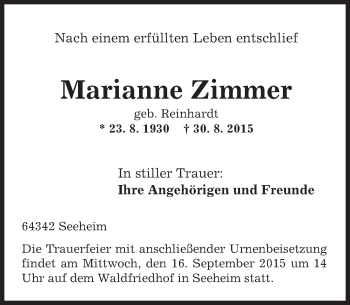 Traueranzeige von Marianne Zimmer von trauer.echo-online.de