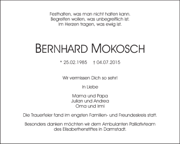 Traueranzeige von Bernhard Mokosch von Echo-Zeitungen (Gesamtausgabe)