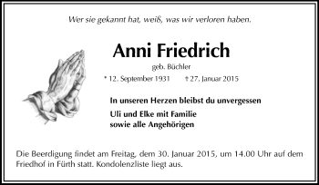 Traueranzeige von Anni Friedrich von Odenwälder Echo