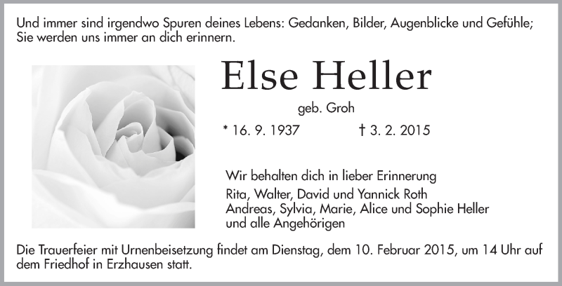  Traueranzeige für Else Heller vom 07.02.2015 aus Echo-Zeitungen (Gesamtausgabe)