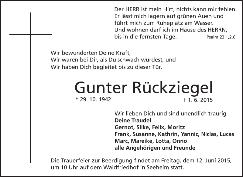  Traueranzeige für Gunter Rückziegel vom 06.06.2015 aus Echo-Zeitungen (Gesamtausgabe)
