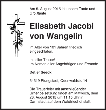 Traueranzeige von Elisabeth Jacobi von Wangelin von trauer.echo-online.de