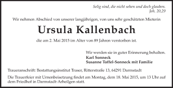 Traueranzeige von Ursula Kallenbach von Echo-Zeitungen (Gesamtausgabe)