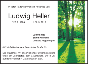 Traueranzeige von Ludwig Heller von Echo-Zeitungen (Gesamtausgabe)