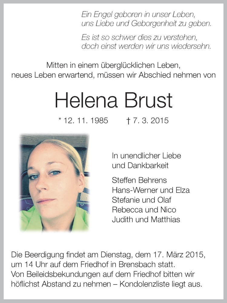  Traueranzeige für Helena Brust vom 14.03.2015 aus Odenwälder Echo