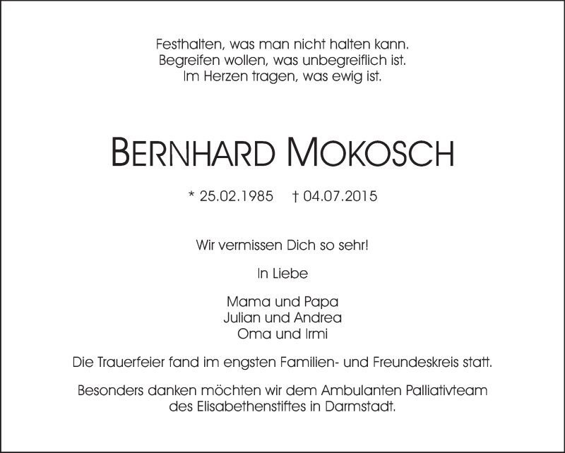  Traueranzeige für Bernhard Mokosch vom 11.07.2015 aus Echo-Zeitungen (Gesamtausgabe)