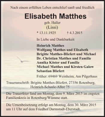 Traueranzeige von Elisabeth Matthes von Echo-Zeitungen (Gesamtausgabe)