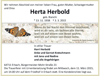 Traueranzeige von Herta Herbold von Odenwälder Echo