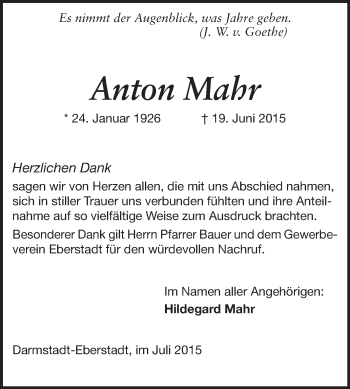 Traueranzeige von Anton Mahr von Echo-Zeitungen (Gesamtausgabe)