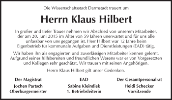 Traueranzeige von Klaus Hilbert von Echo-Zeitungen (Gesamtausgabe)