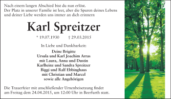 Traueranzeige von Karl Spreitzer von Odenwälder Echo