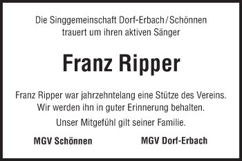 Traueranzeige von Franz Ripper von Odenwälder Echo