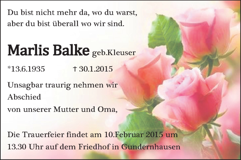  Traueranzeige für Marlis Balke vom 07.02.2015 aus Darmstädter Echo, Odenwälder Echo, Rüsselsheimer Echo, Groß-Gerauer-Echo, Ried Echo